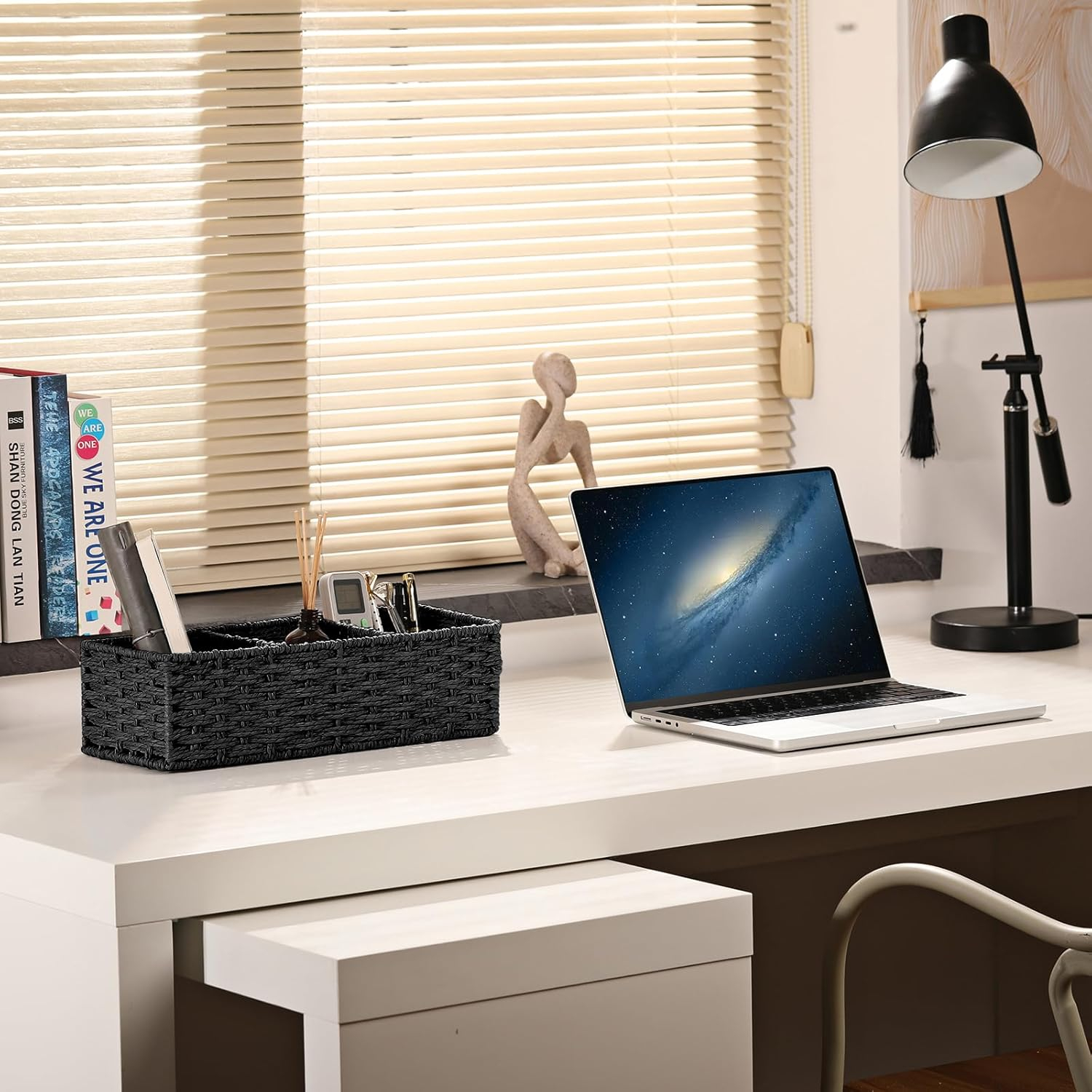 (36x15cm) Rattan Aufbewahrungs Korb Deko Organizer mit 3 Fächern für Badezimmer / Küche / Wohnzimmer - Schwarz
