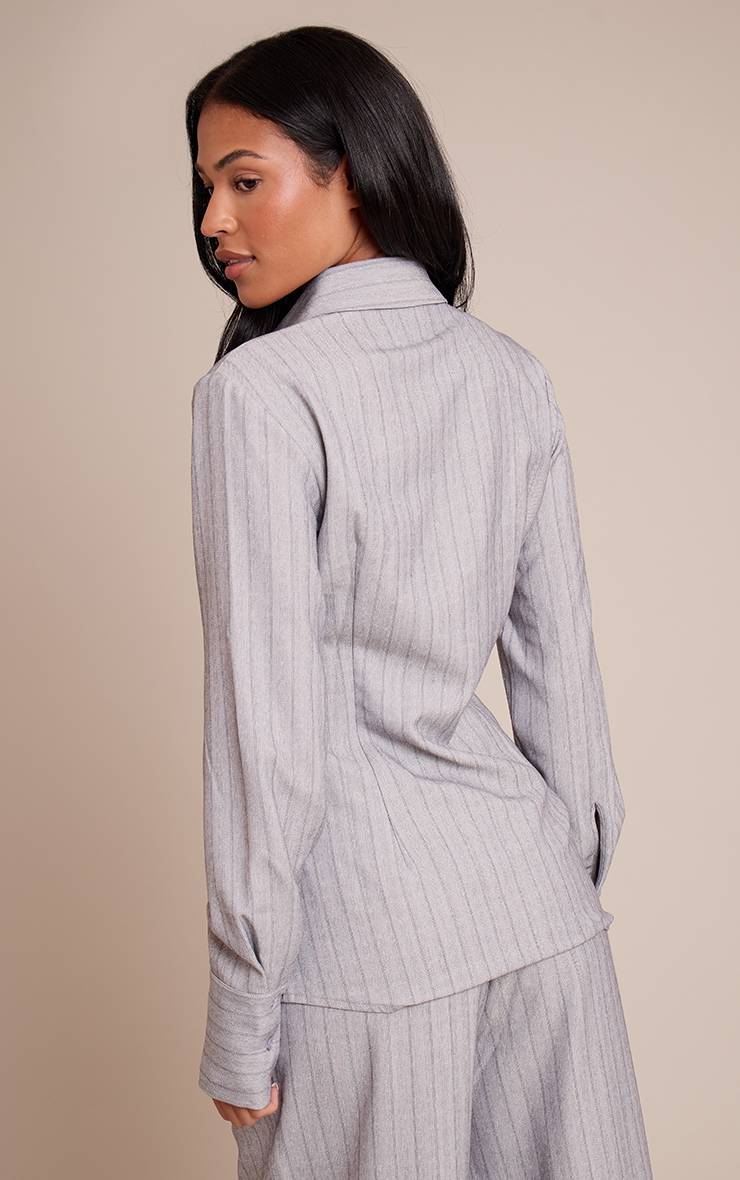 Moss Grey Ensemble Coordonné Chemise Tissée Asymétrique À Rayures Fines Et Boutons Tall