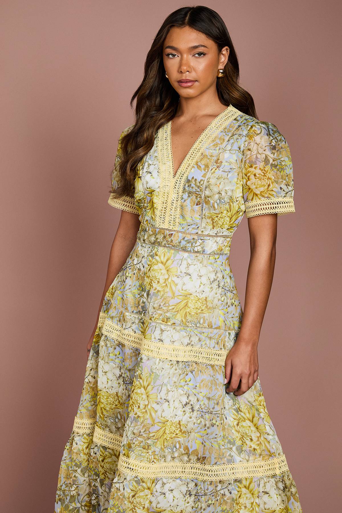 Coast Robe Mi-longue en Organza Imprimé avec Finitions en Dentelle
