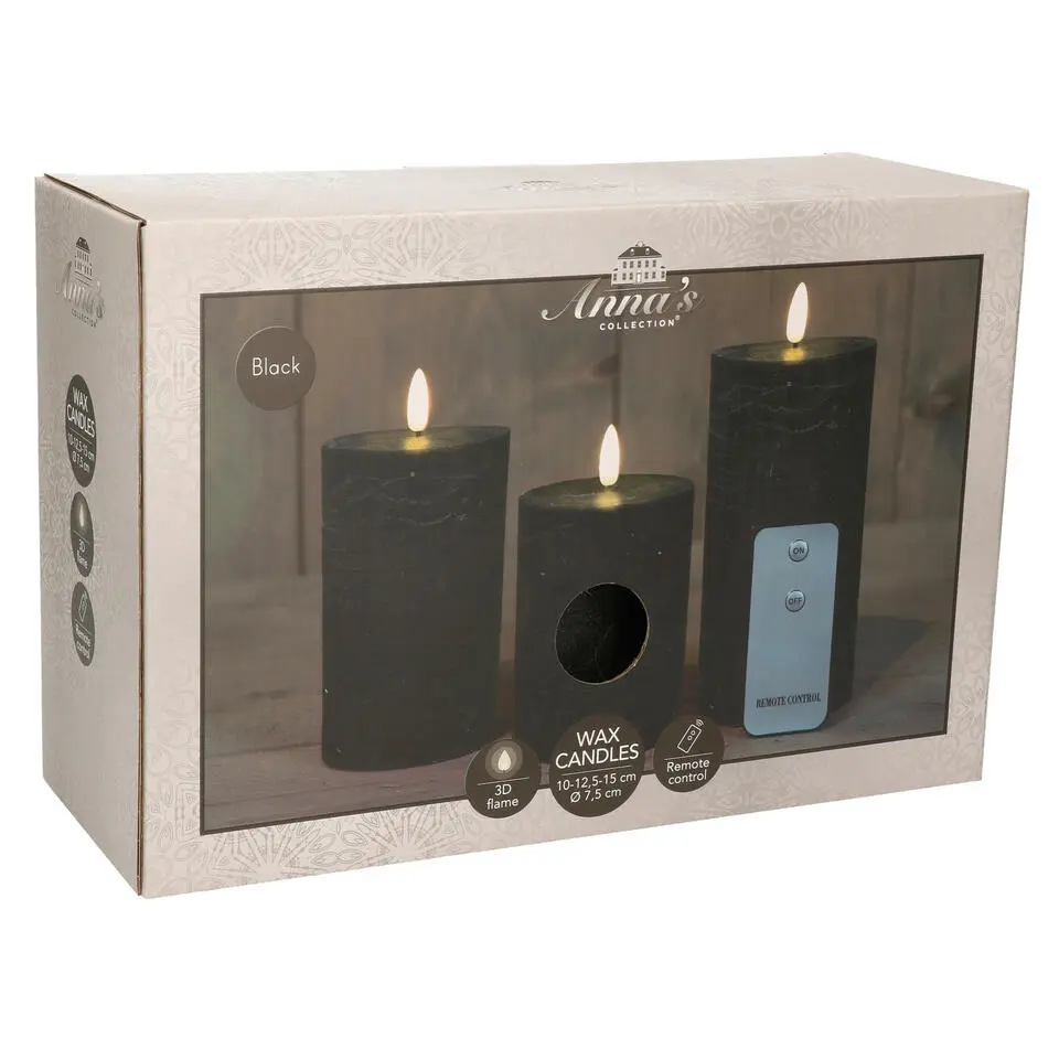 Anna's Collection LED Stompkaarsen -afstandsbediening -3x - zwart