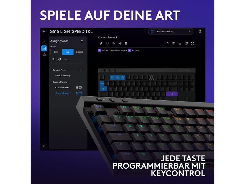 Logitech Gaming-Tastatur G515 Lightspeed TKL Schwarz Ultradünne drahtlose Gaming-Tastatur