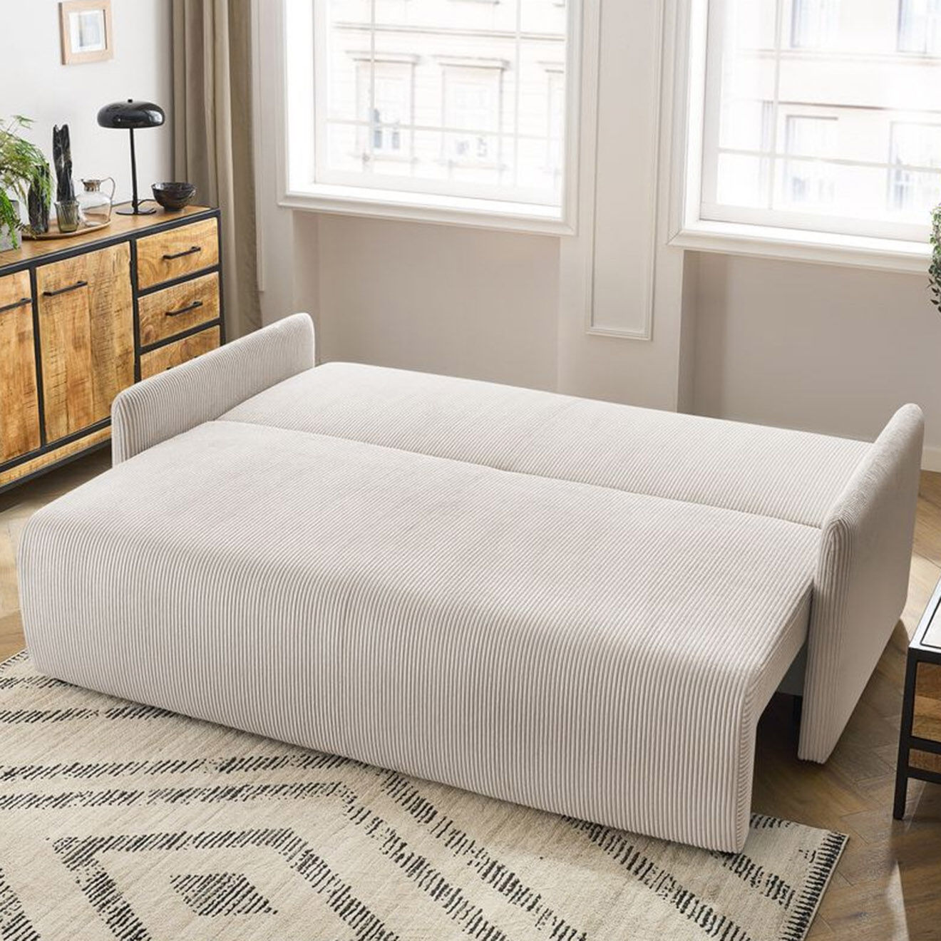 Bobochic Canapé convertible coffre marcel velours côtelé beige  - 211x100x86 cm