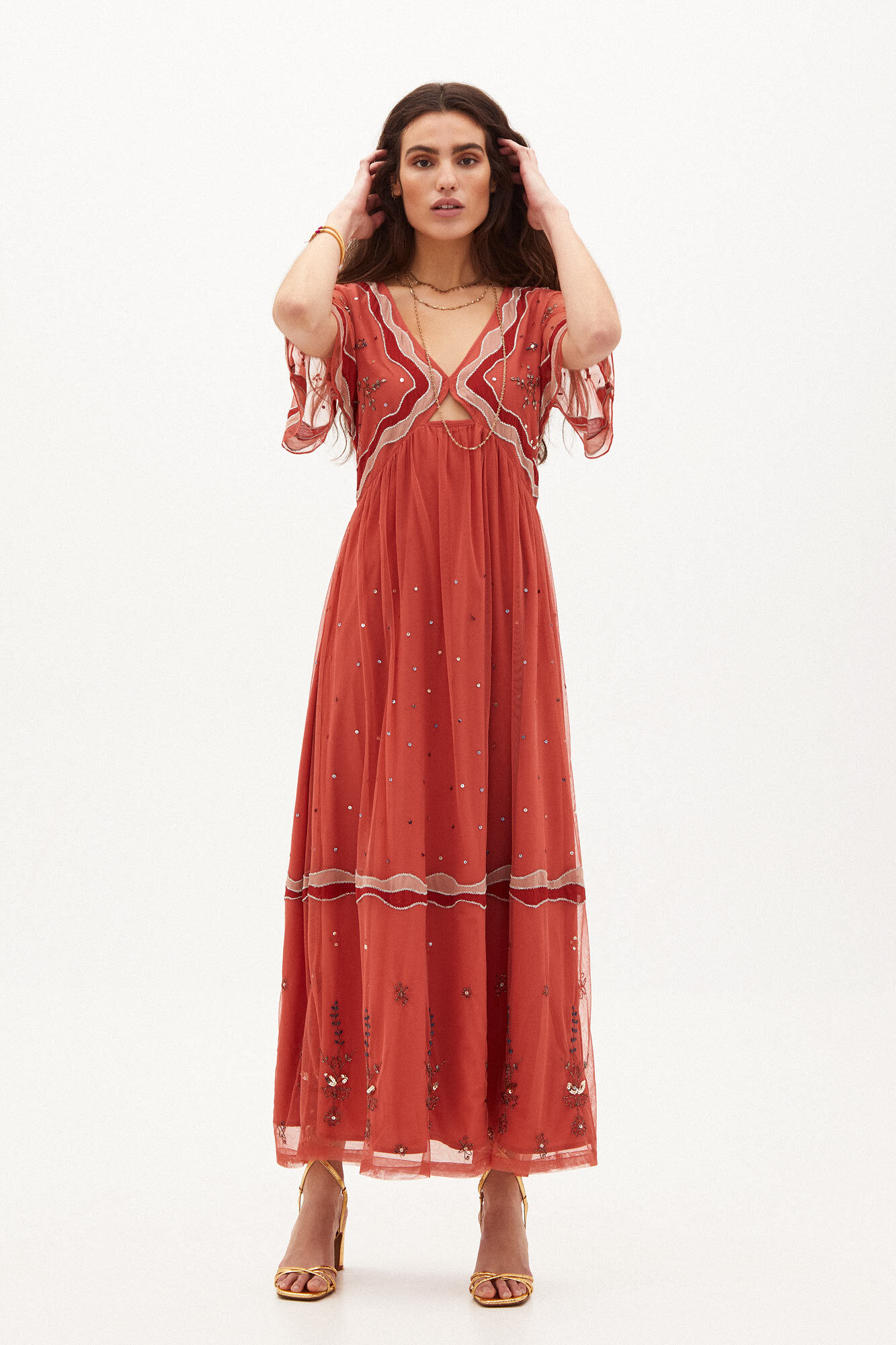 Núria Vestido midi bordado - Rosa