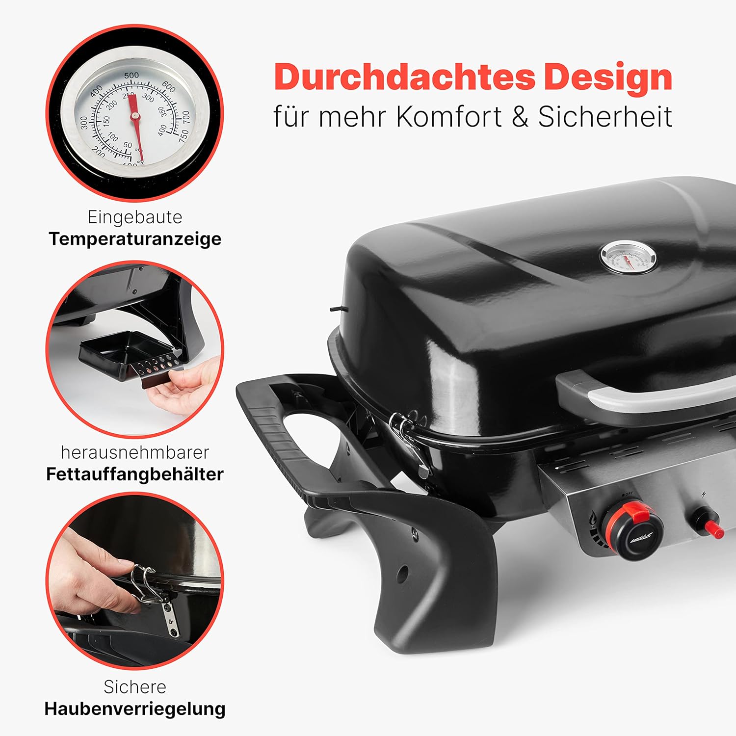 ProfiCook Gasgrill mit 2 Edelstahlbrennern | Tischgrill inkl. Gasdruckminderer & Gasschlauch | Grill mit Stabiler Metallhaube & Temperaturanzeige | Gasgrill klein für Balkon & Camping | PC GG 1261