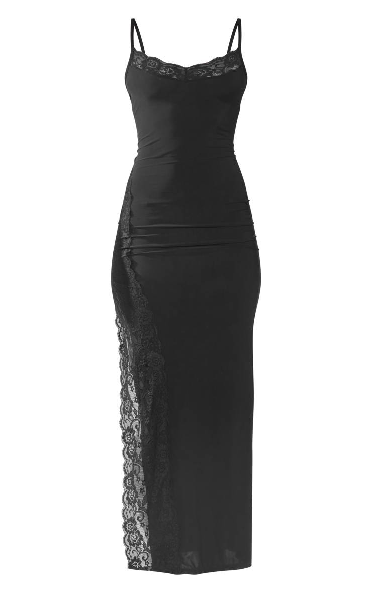 Noir Robe Longue Moulante Avec Détail Fendu Et Finitions En Dentelle