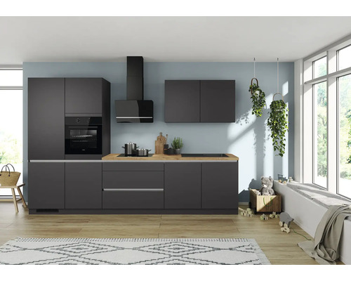IMPULS keukenblok met ZANOTTI apparatuur, 340 cm, grafiet mat, voorgemonteerd, linker uitvoering, IP315-IKC1340LR-K830-F157-A653-G960