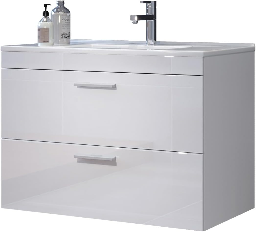 trendteam smart living - Devon - Badezimmerschrank - Weiß Hochglanz - Hängender Waschbeckenunterschrank mit 2 Schubladen inkl. Waschbecken - (BxHxT) 81 x 59 x 47 cm - mit silberfarbenen Griffen