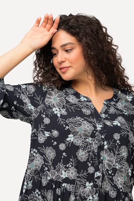 Midikleid, Volants, A-Linie, Tunika-Ausschnitt, 3/4-Arm