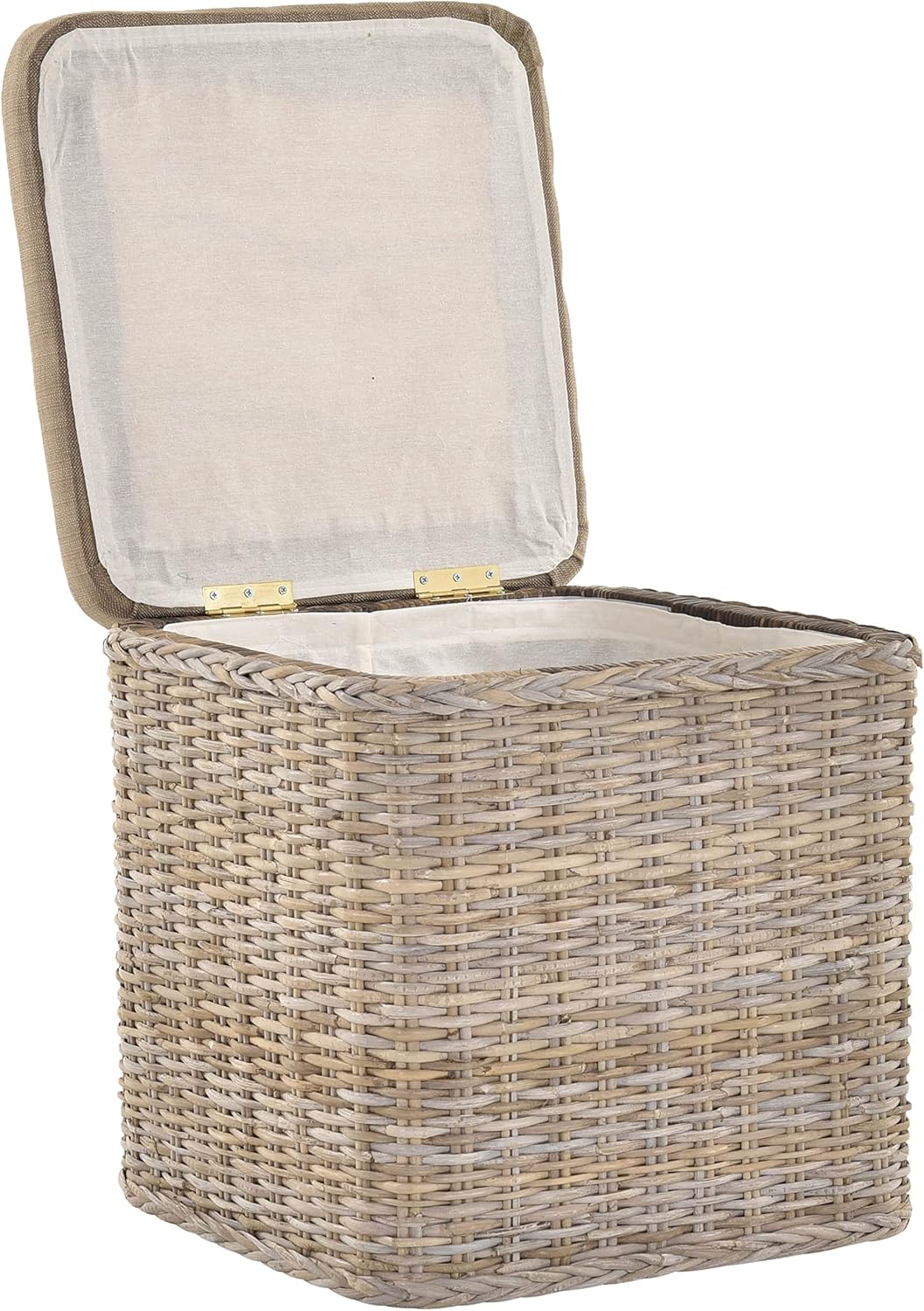 Rattan Wäschekorb Wäschetruhe Sitz gepolstert Flur-Bank Aufbewahrungsbox mit Deckel Bad-Hocker Sitzhocker Wäschesammler Sitz-Truhe Natur (Grau Natur, Quadratisch)