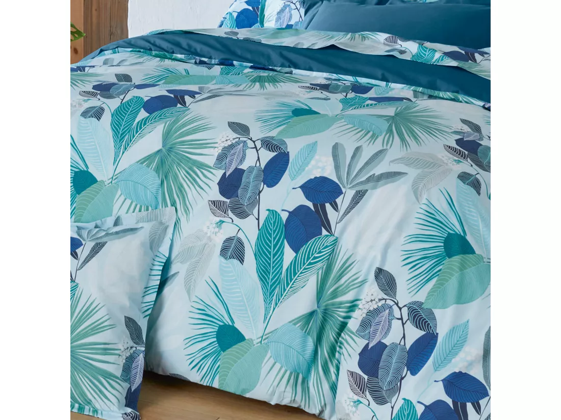 Drap plat 280x325 cm percale de coton MOOREA PACIFIC bleu/vert