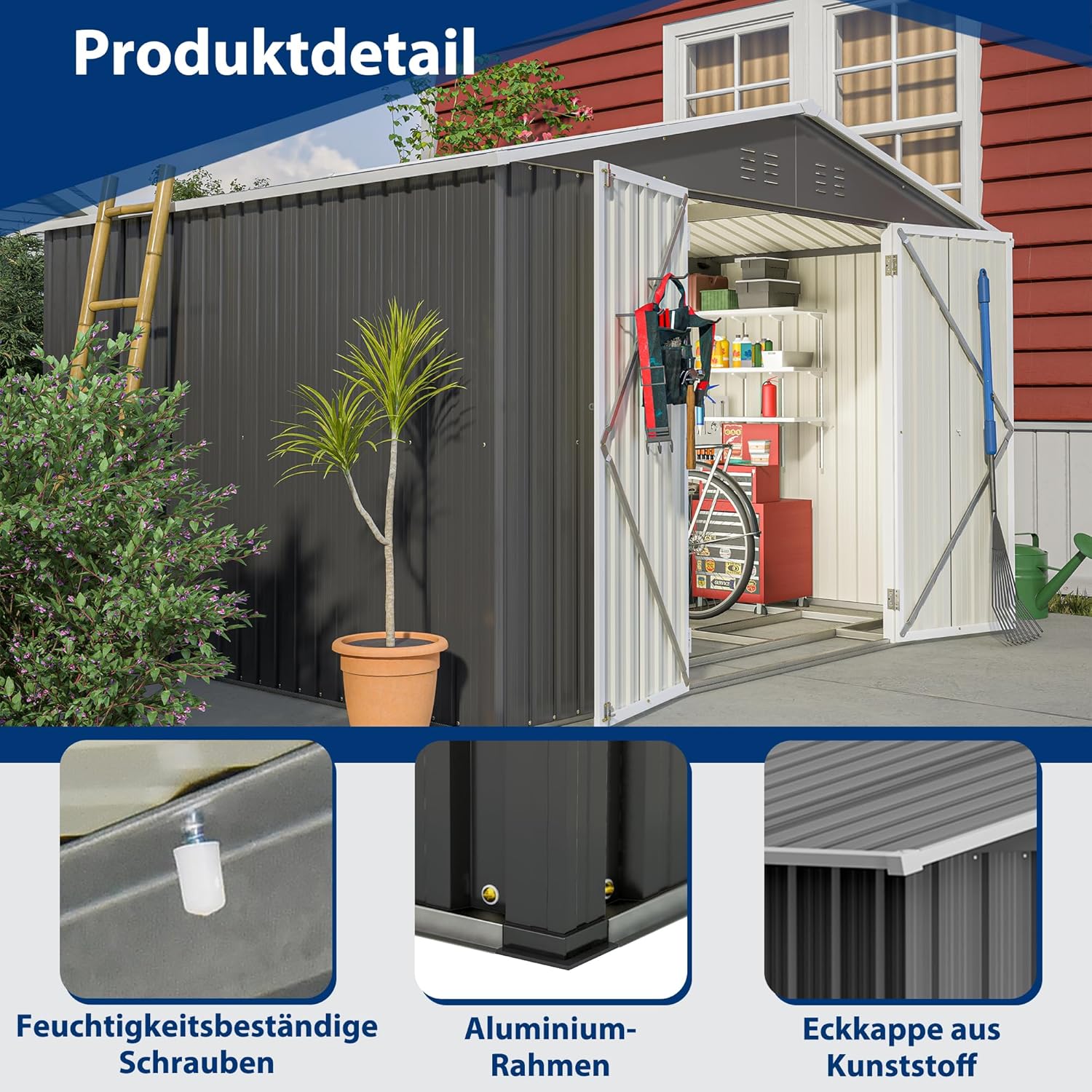 Metall Gerätehaus Gartenhaus Geräteschuppen Garten Schuppen Inkl. Metallfundament (ohne Boden), Metall Gerätehaus mit Pultdach, Geräteschrank für Garten (Schwarz 8x10)
