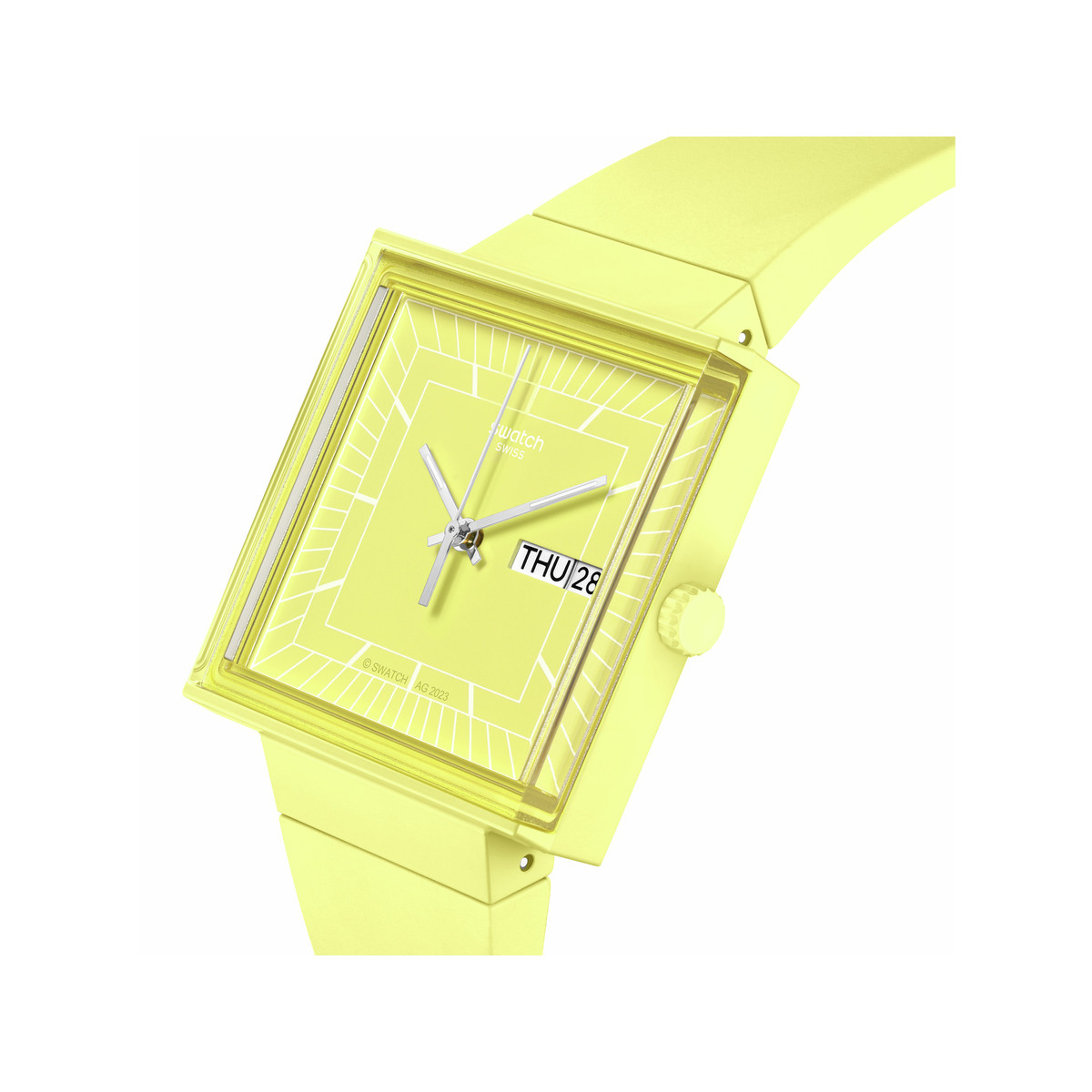 Montre SWATCH Square bioceramic What if lemon? homme bracelet matériau biosourcé jaune