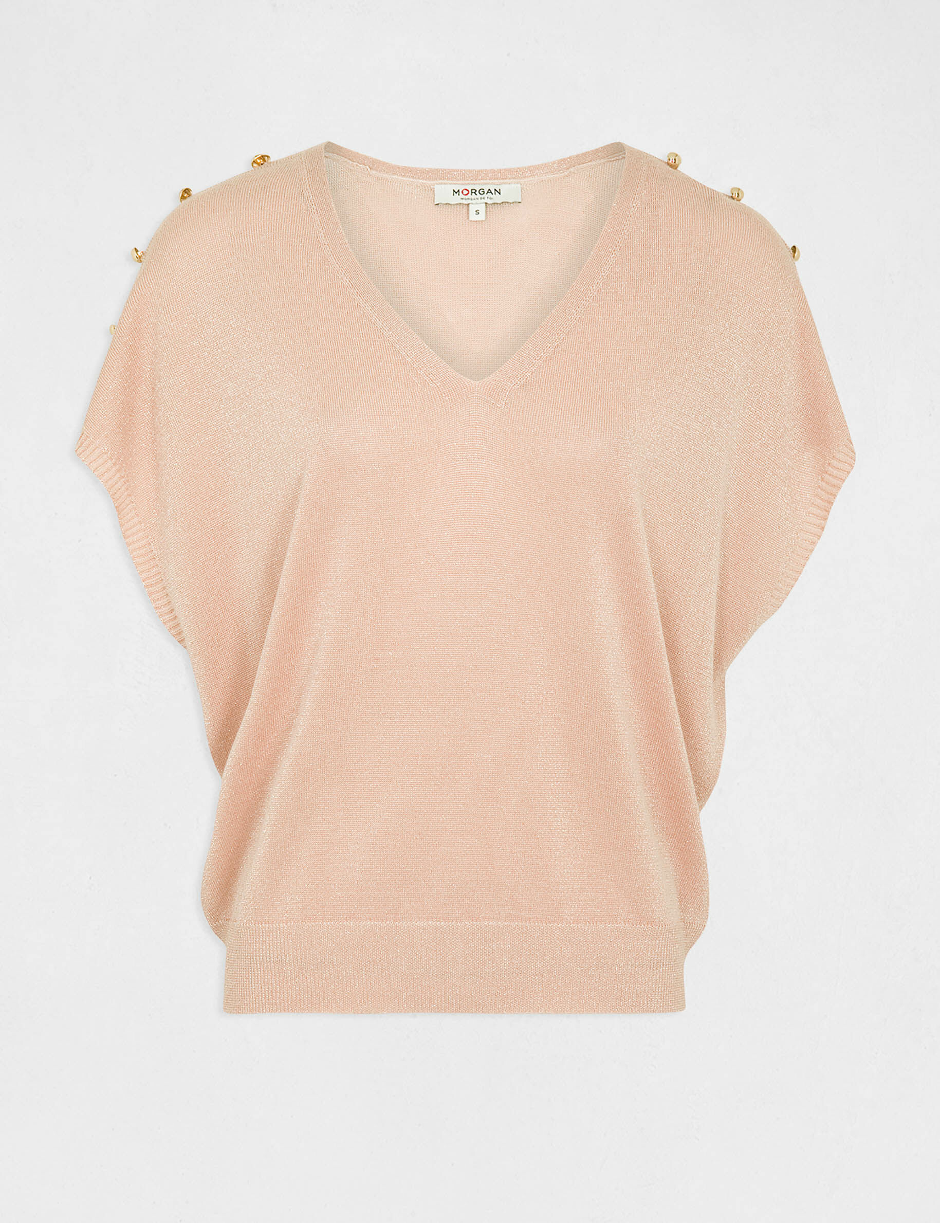 Pull manches courtes à col en V rose clair femme - rose_clair