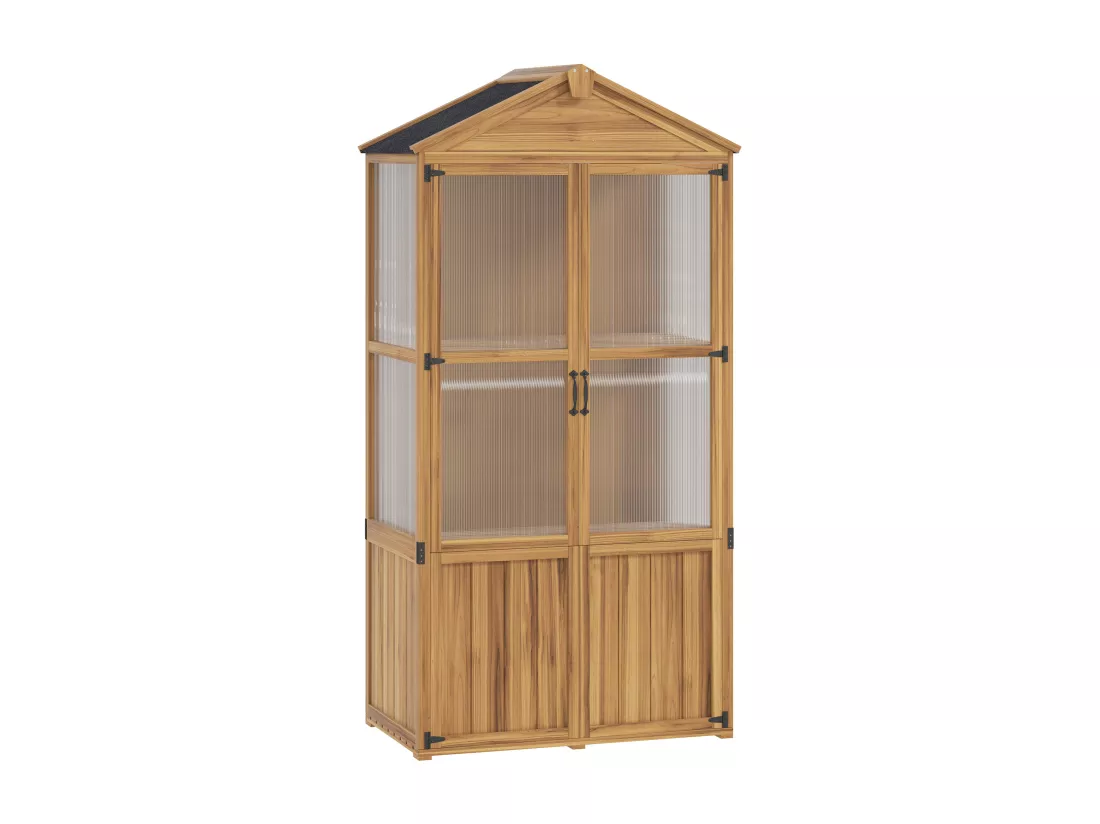 Armoire de jardin en bois - 2 portes, 2 étagères, toit bitumé - dim. 94 x 55 x 178 cm - sapin pré-huilé polycarbonate