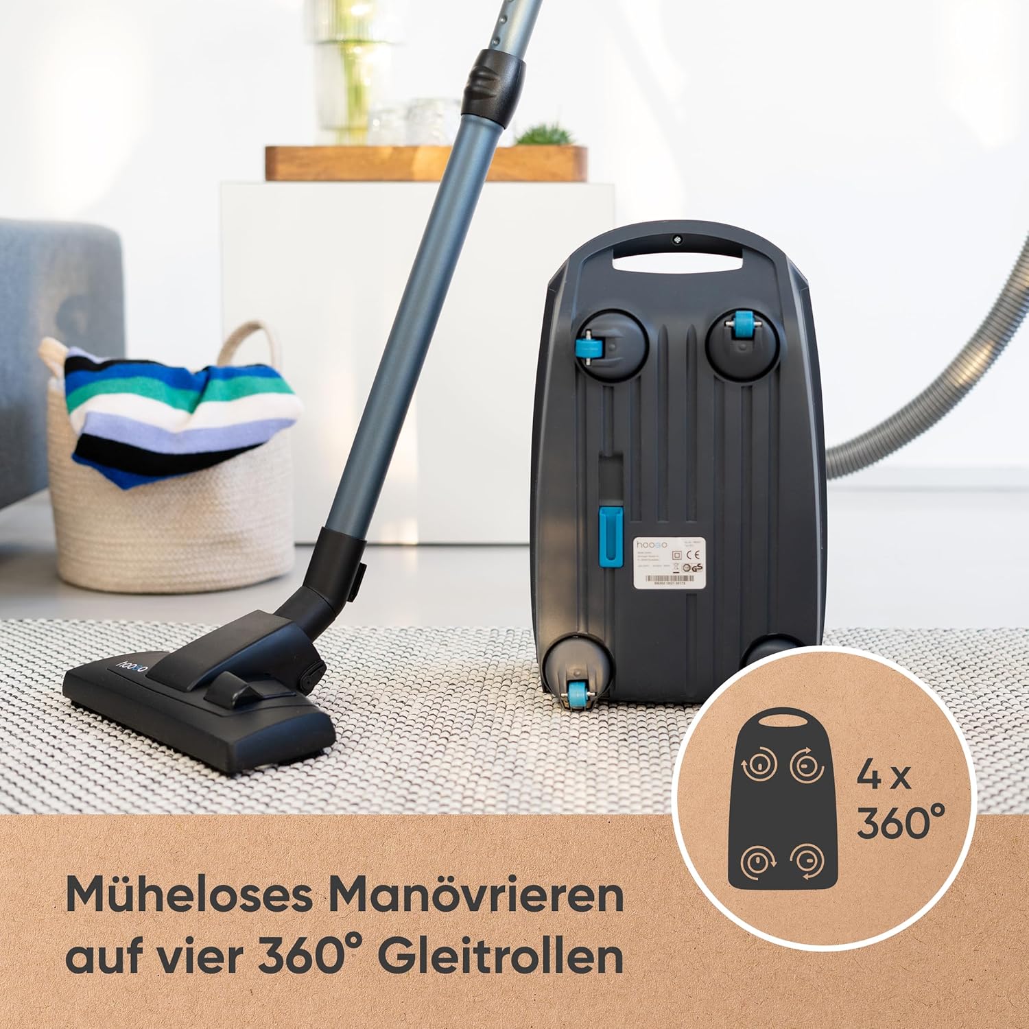 hoogo B3+ Graphit mit Flipflop Bodendüse | Plus Mini-Turbobürste | Staubsauger mit Beutel | Starke 850 W Saugleistung | HEPA 14 Filter | 11 Meter Radius | Nur 74 dB(A) | 3 L Fassungsvermögen