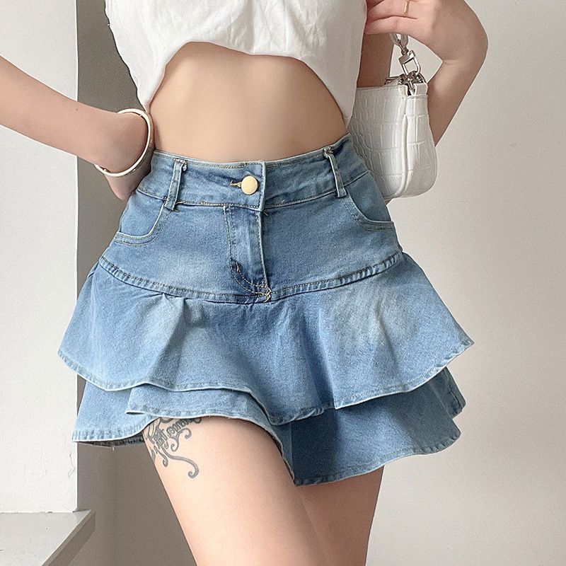 PolkaBella - Mini denim rok met hoge taille en gerafelde zoom