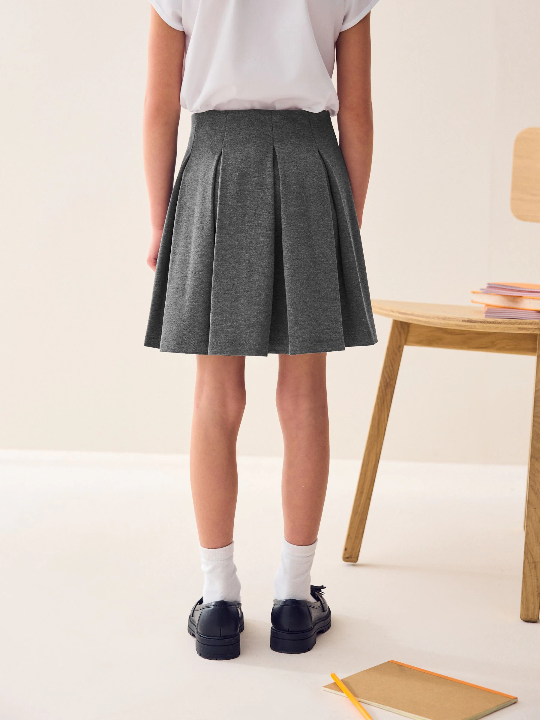 Grijs - Jersey pull-on geplooide schoolrok met stretch (3-17jr)