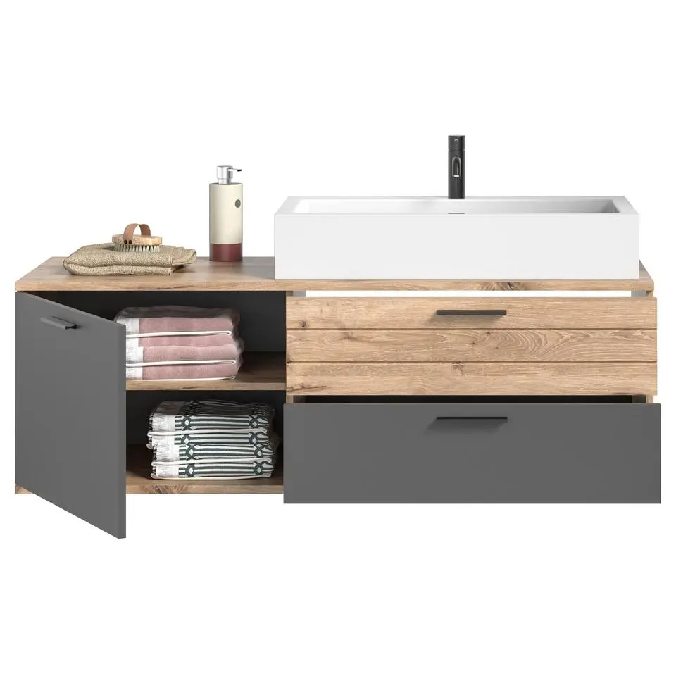 Hioshop Mason wastafel 140cm 1 deur- 2 laden grijs-eik decor