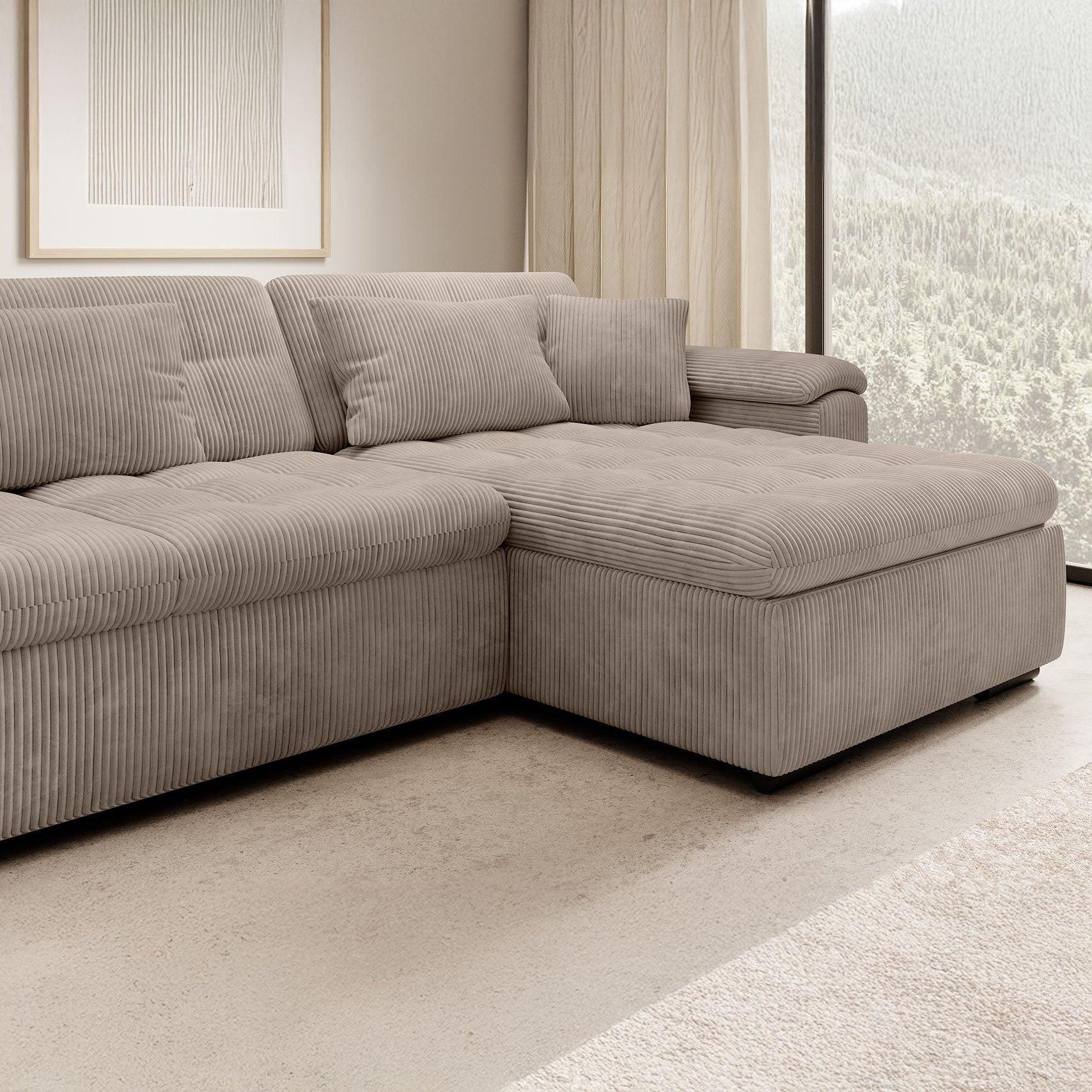 Nicoreta - Hoekbank 5-zits met chaise longue - Ribstof bruin - Rechts