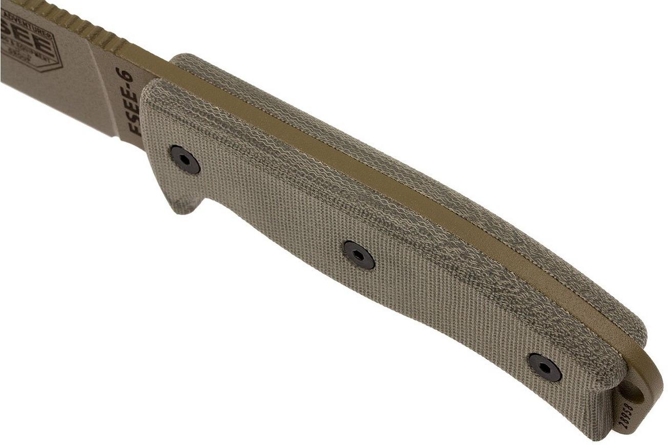 ESEE Model 6 desert tan blade 6P-DE survivalmes met zwarte schede   riemclip
