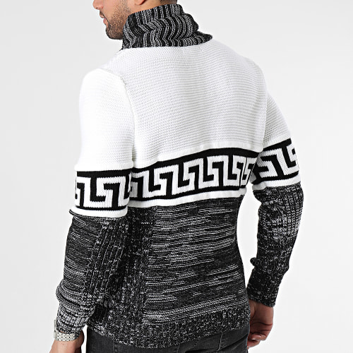 Pull Col Boutonné Blanc Noir