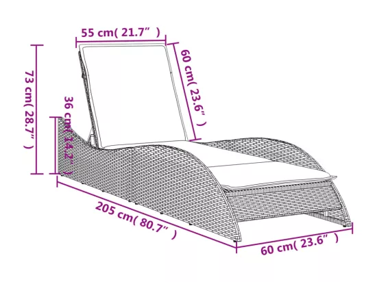 Chaise longue avec coussin marron 60x205x73 cm résine tressée
