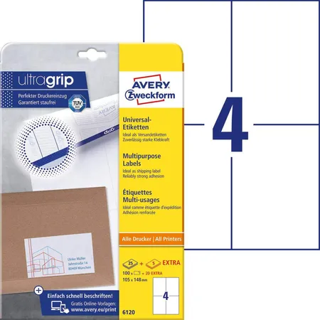 Avery Zweckform 6120 Universal-Etiketten,A4 mit ultragrip,105 x 148 mm, 30 Bogen/120 Etiketten, weiß