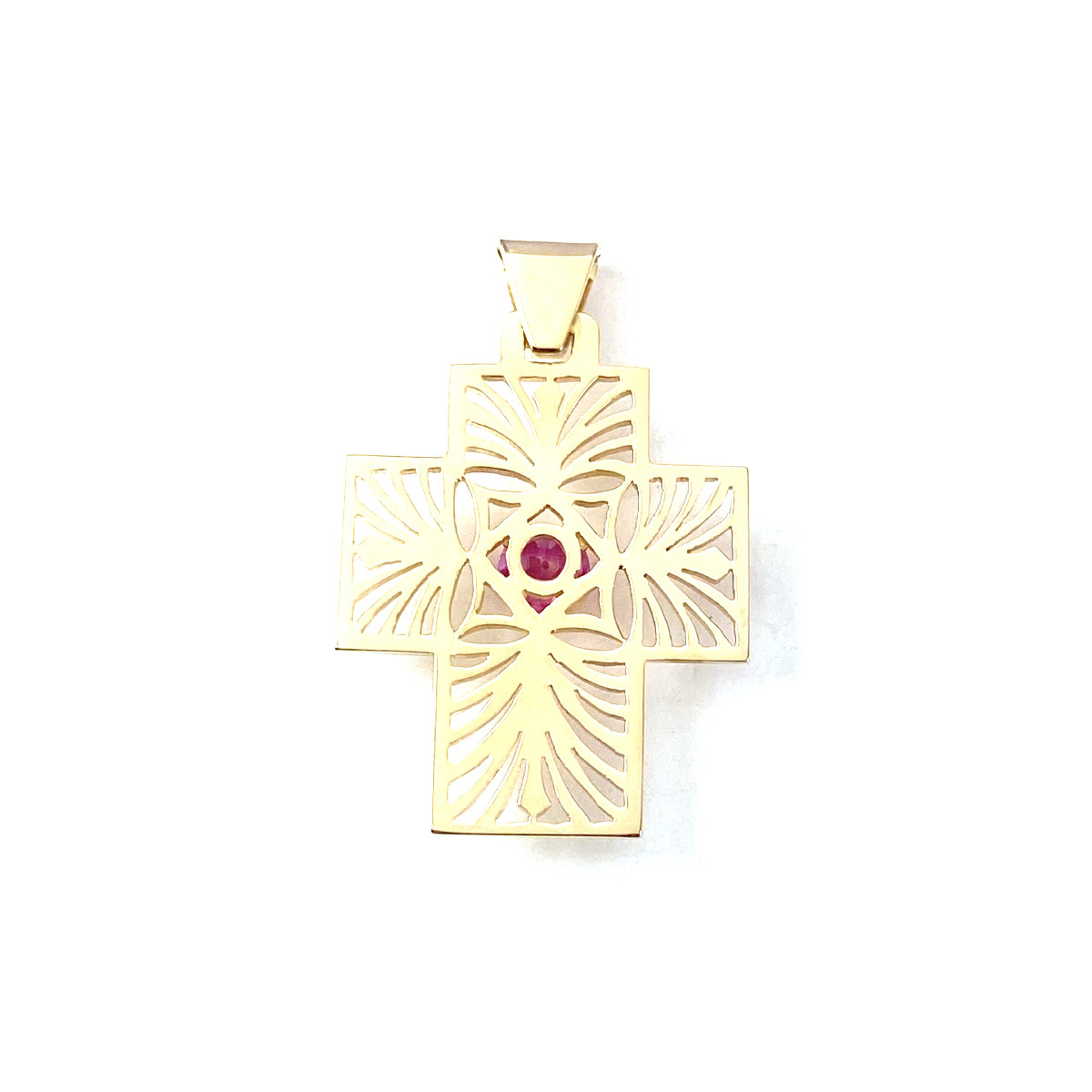 Pendentif croix d'occasion or 750 jaune rubis synthétique