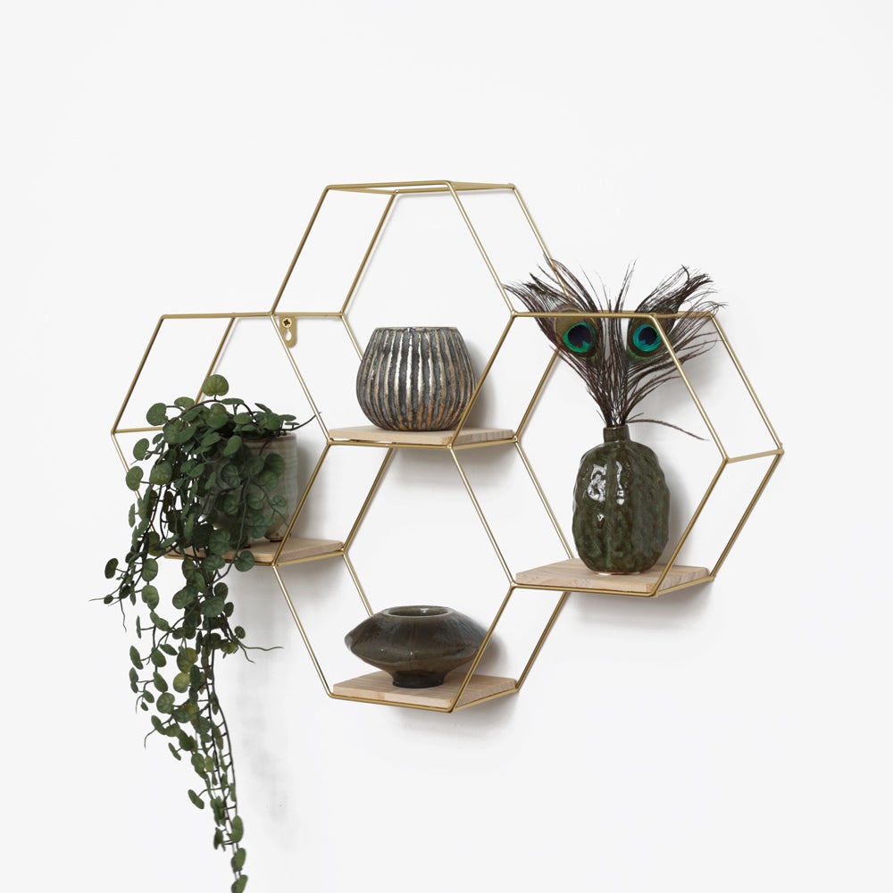 Vier zeshoekige metalen wandplanken - 40,5 x 58 cm - Goud