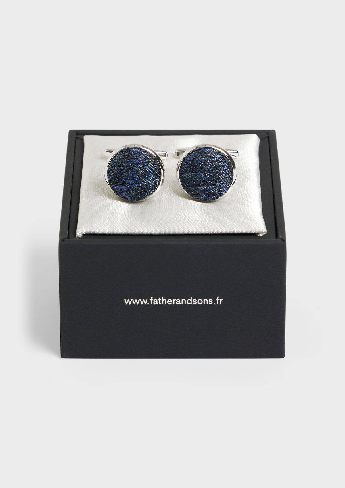 Boutons de manchettes ronds en soie mélangée bleu indigo à motif fleuri
