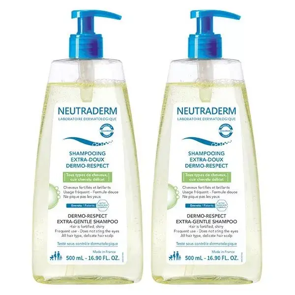 Shampoo Neutraderm Extra-Gentle Dermo-Respect, embalagem com 2 unidades de 500ml