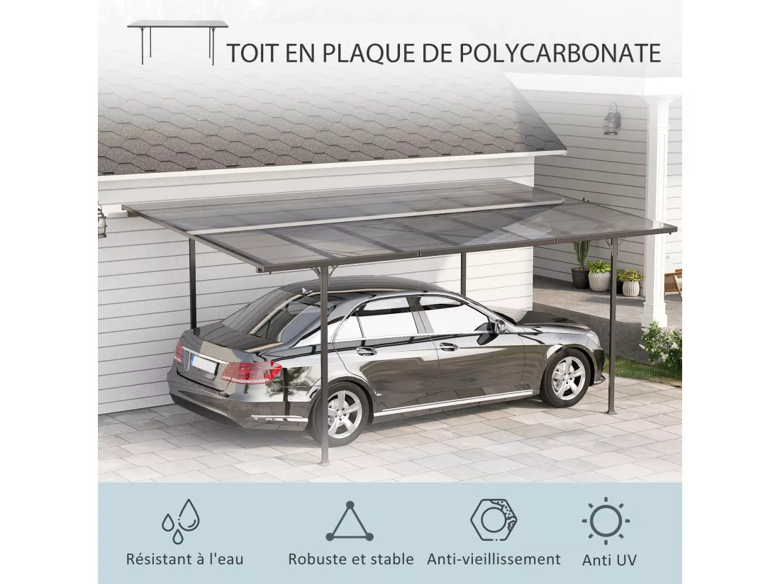 Pergola adossable rigide acier alu. toit polycarbonate dim. 5L x 2,99l x 2,23H m gris