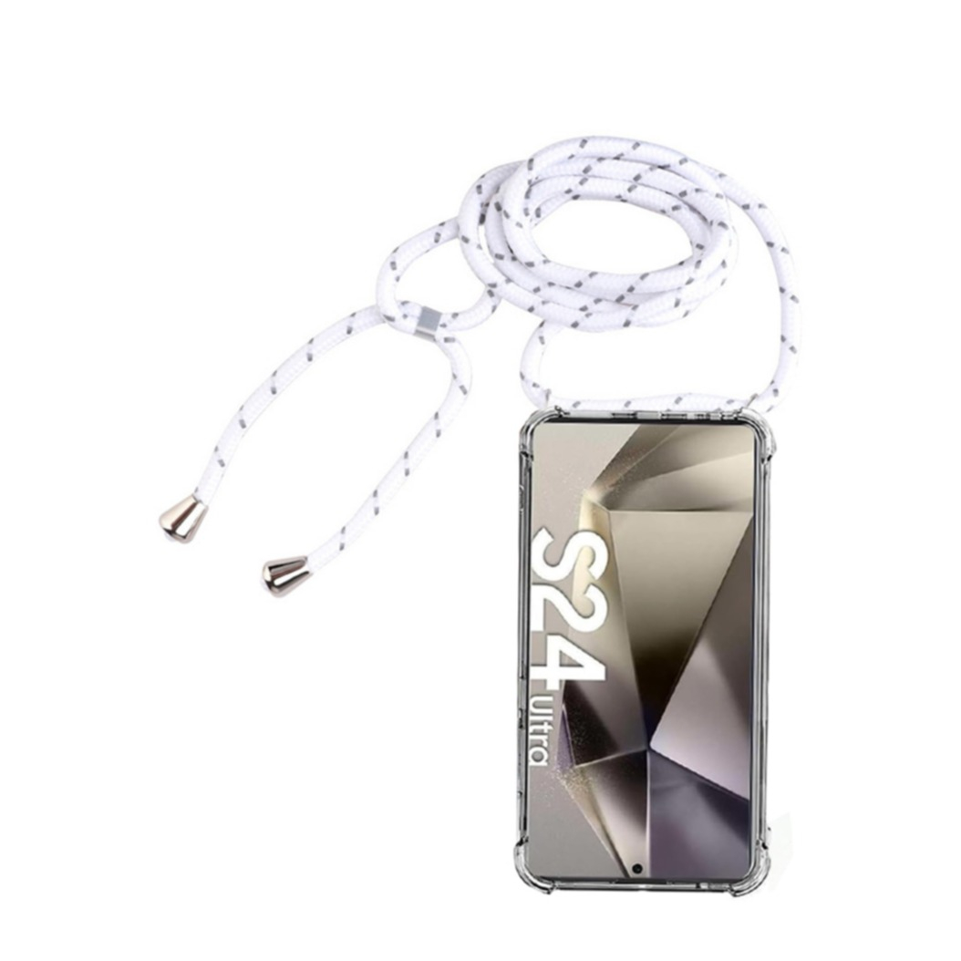 Samsung Galaxy S24 Ultra Necklace Gummi Hülle Air Cushion Fallschutz   Handykette (150cm) - Weiss / Silber