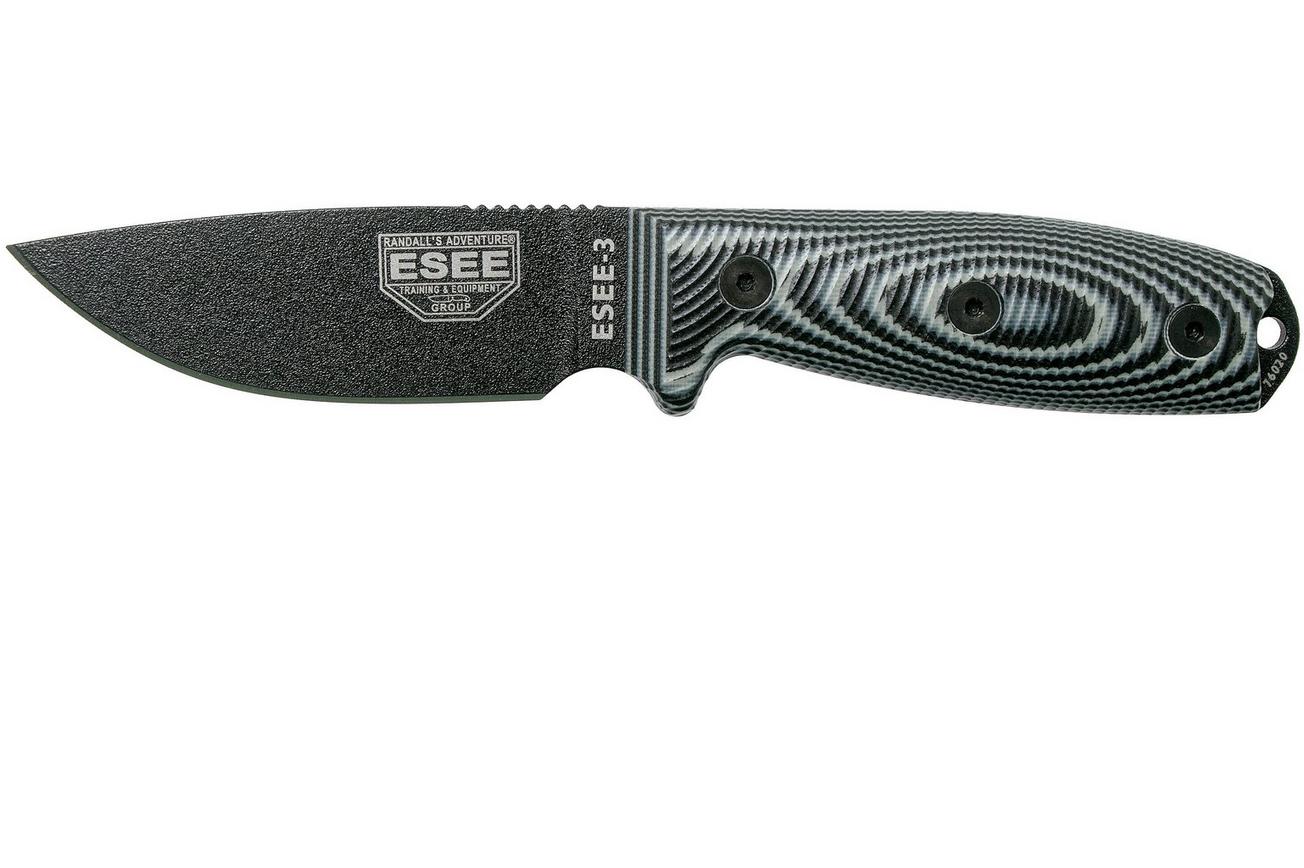 ESEE Model 3 Black Blade 3D Grey-Black G10 survivalmes 3PMB-002 zwarte schede   riemclip