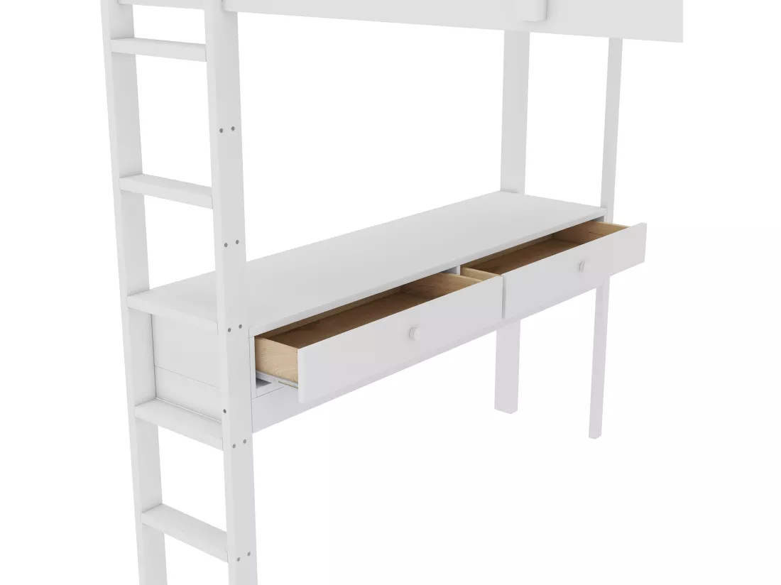 Lit mezzanine 140x200cm en pin massif avec bureau + tiroirs + étagères + sommier à lattes - Blanc