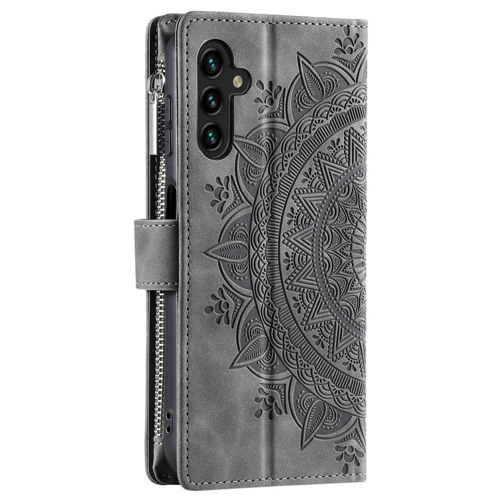 Samsung Galaxy A54 5G Leder Tasche Flip Cover mit Reissverschluss - Mandala Flowers Imprint - Grau