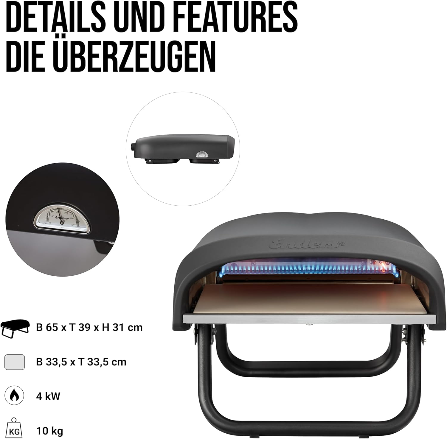 Enders® Pizzaofen PACO™, Pizzastein, Thermometer, Pizza, Edelstahlbrenner, 4kW, Cordierit-Pizzastein, stufenlos regulierbarer Edelstahlbrenner #31306, Schwarz