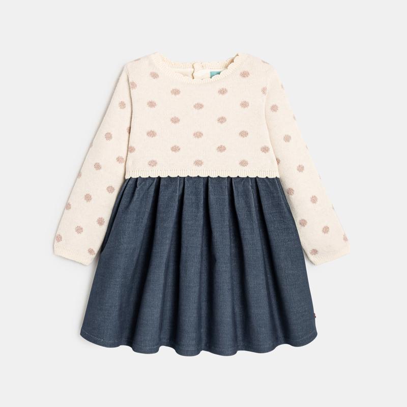 Robe bi-matière maille tricot et velours bleue bébé fille Bleu