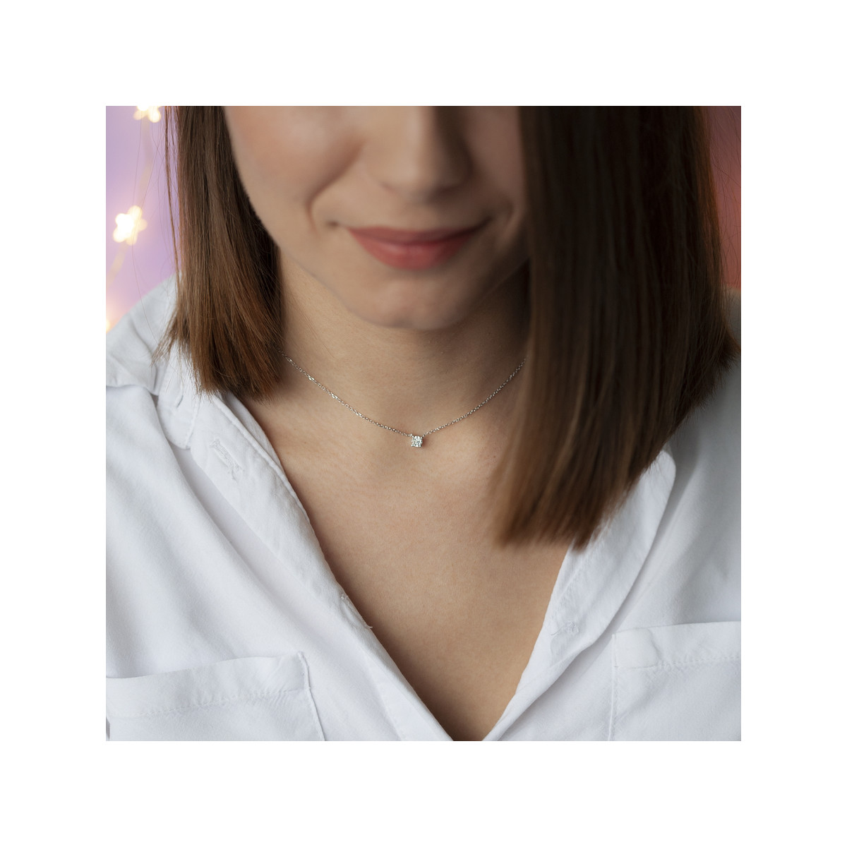 Collier or blanc 750 diamant synthétique 42 cm 0.25 carat