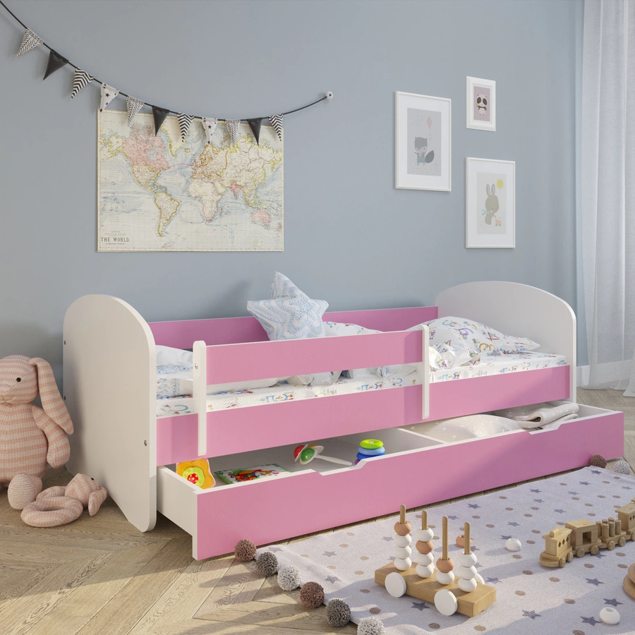 Kids Collective Kinderbett 80x160 | 80x180 mit Matratze, Rausfallschutz, Lattenrost pink mit Schublade