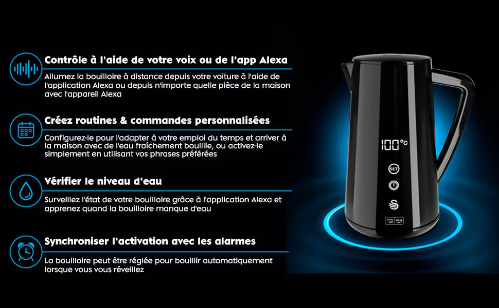 Alexa Bouilloire Électrique Intelligente WIFI 1,5L, Sans Fil, Écran Ta