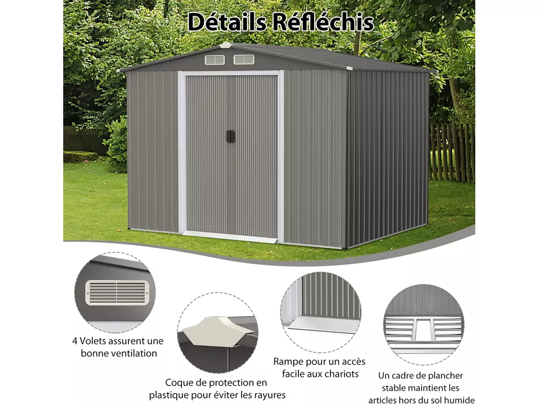 Abri de Jardin Métal 9,74m³ Acier Galvanisé avec Fondation-4 Persiennes-Double Porte et Rampe 260 x 207 x 181 cm-Gris Clair