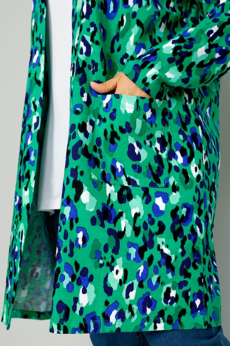 Long-Sweatjacke, offene Form, farbiger Print, Rücken-Schrift