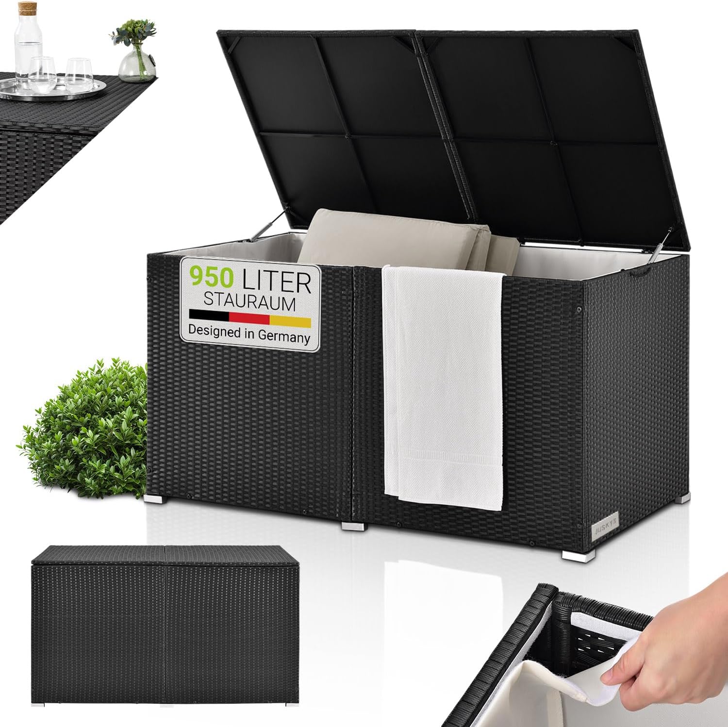 Juskys Polyrattan Auflagenbox Ikaria 950 L inkl. Deckel mit Hubautomatik & Innenplane - Kissenbox 145 x 82 x 79 cm für Garten - Gartenbox schwarz