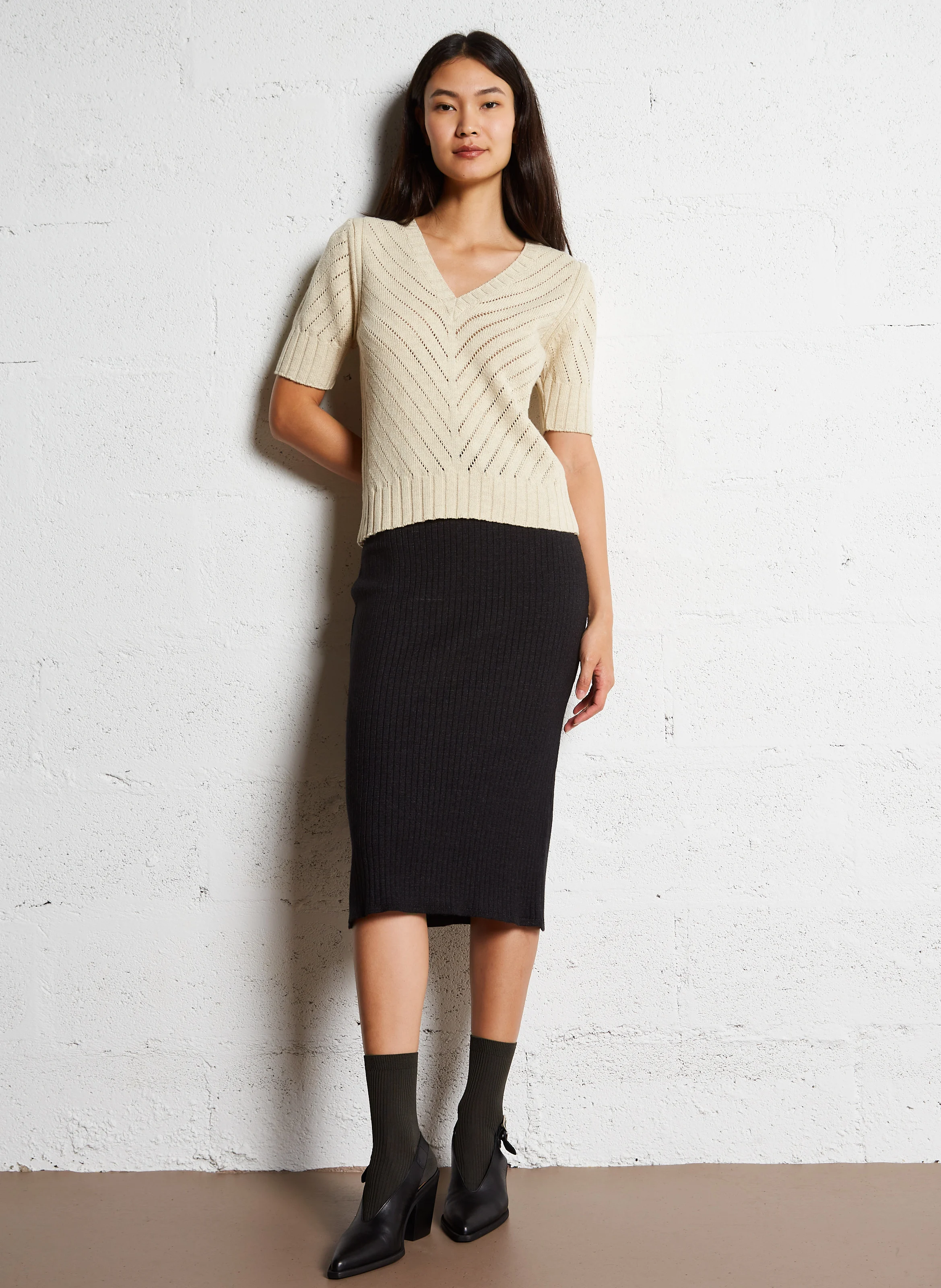 Pull col V en coton mélangé| Blanc