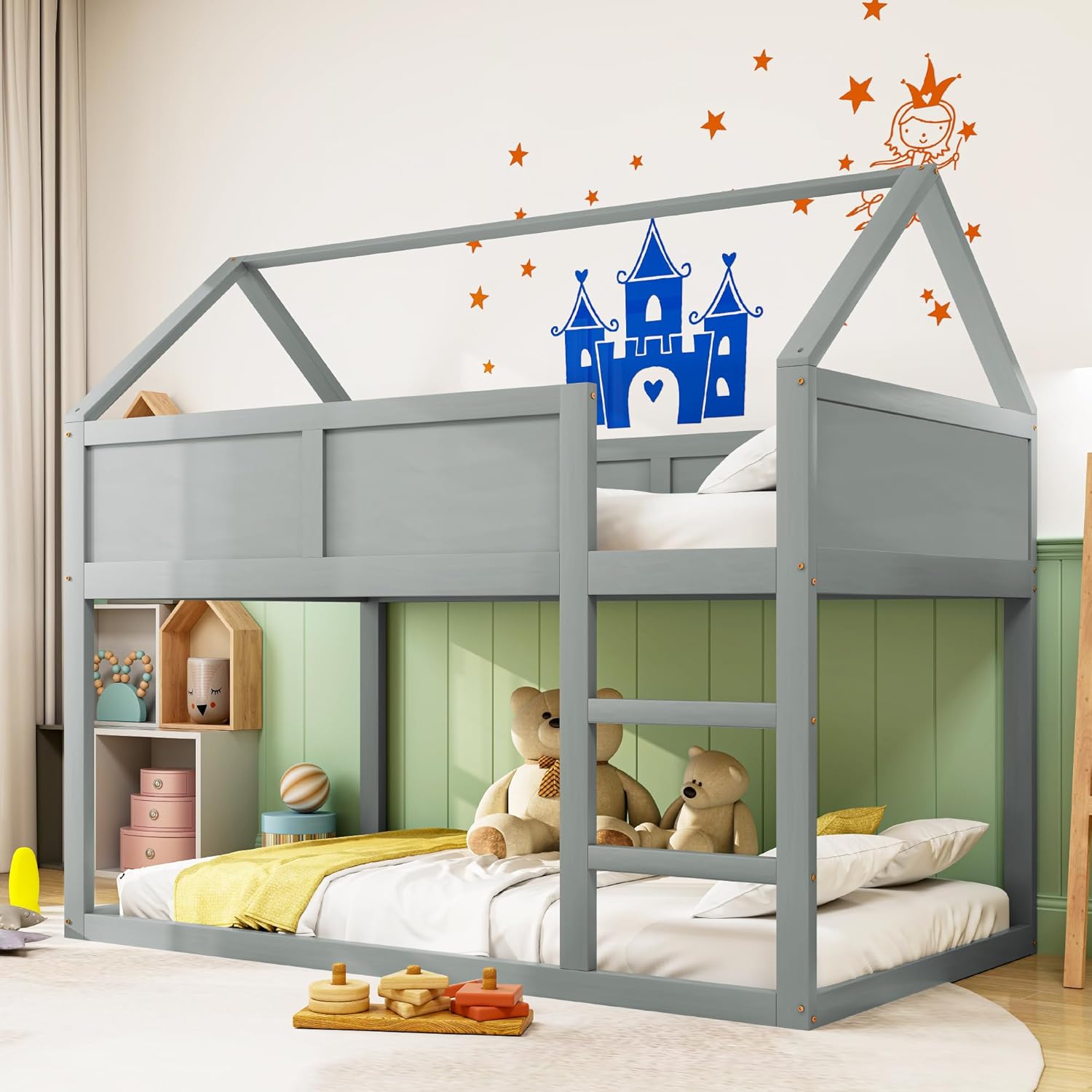 okwish Hochbett für 2 Kinder 90 x 200cm, Kinderbett Baumhaus mit Treppe und Massivholzrahmen, Hausbett, Grau(Ohne Matratze)
