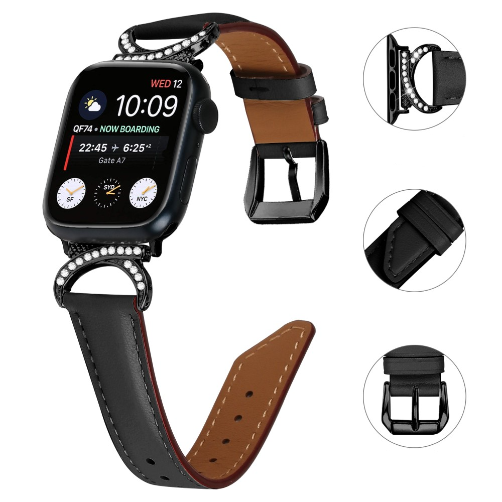 Apple Watch (42/41/40/38 mm) Echtleder Glitzer Armband (Gelenkumfang: 175-220mm) - Schwarz