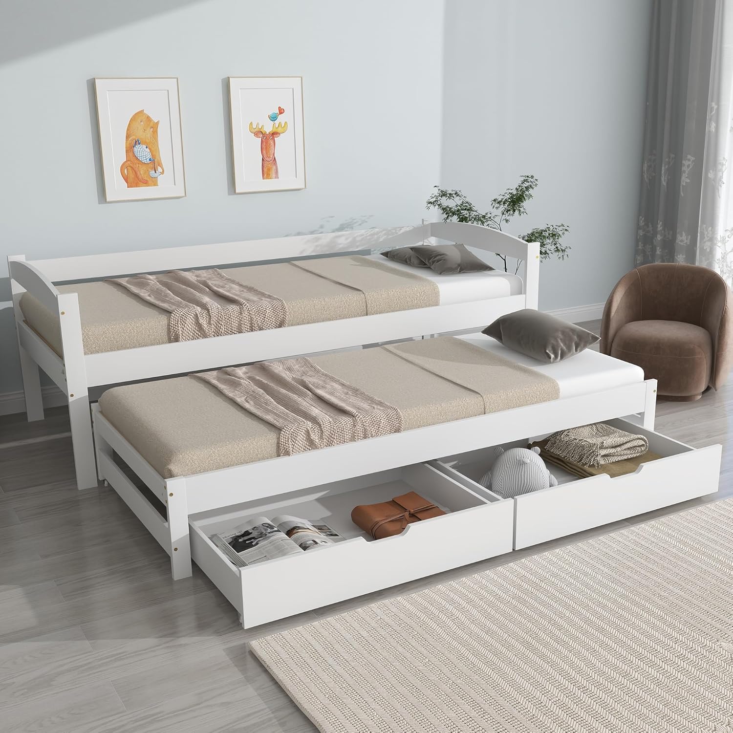 Merax Schlafsofa 90x200 cm, Tagesbett mit 2 Schubladen, Kinderbett Funktionsbett mit Lattenrost, Ausziehbett Einzel und Doppelbett, Massivholzrahmen, für Mädchen & Jungen, Weiß