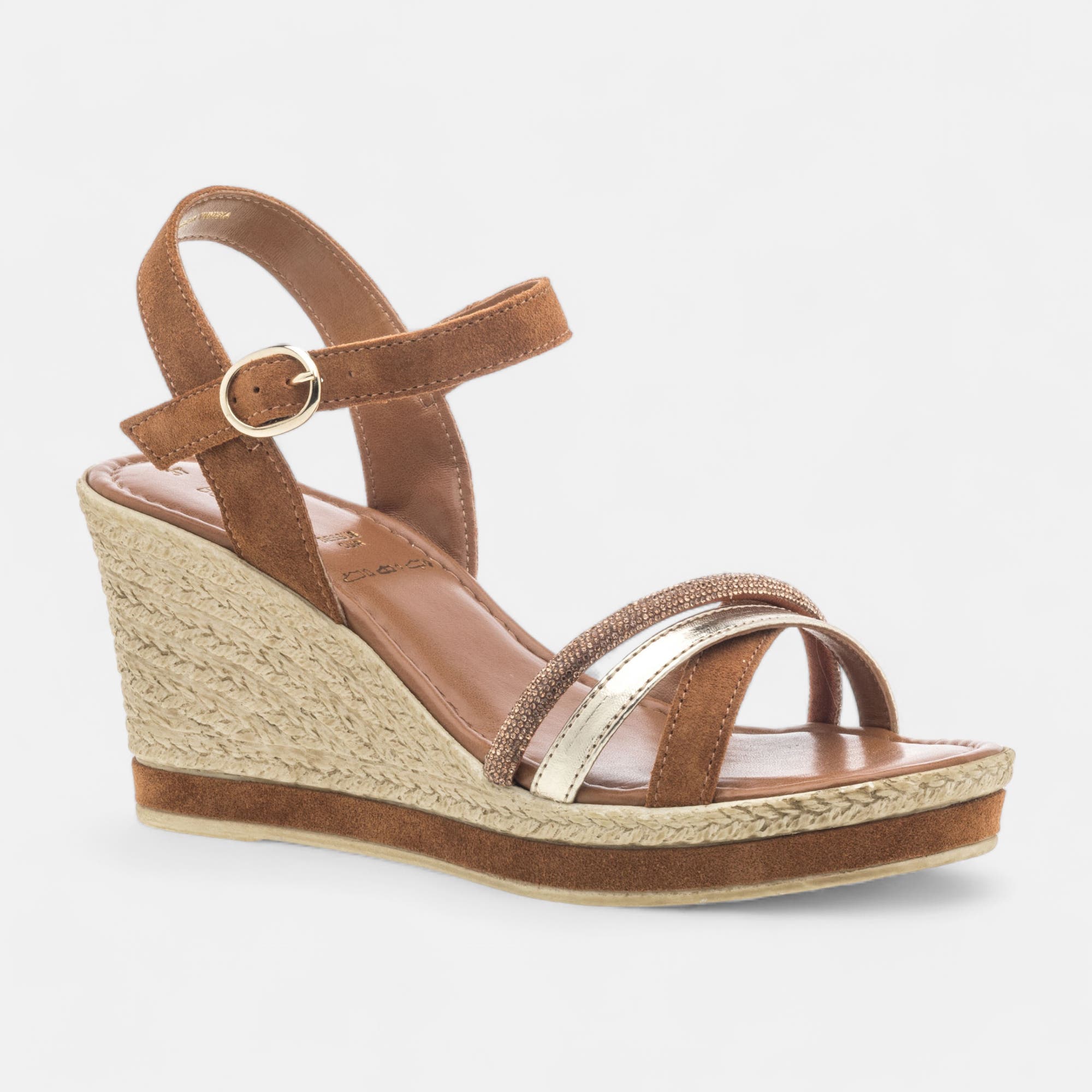 Nu-pieds à talon compensé Femme en cuir cognac