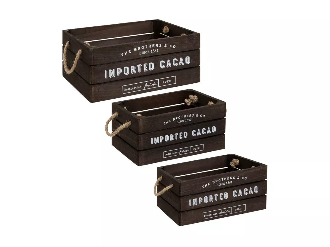 Lot de 3 Caisses de rangement Cagettes en Bois Marron Tonka et Corde